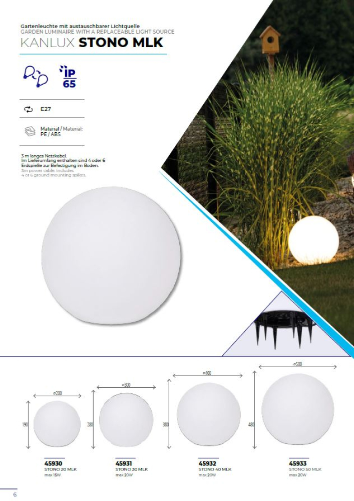 Gartenleuchte STONO 20 MLK E27 IP65 Kugelleuchte Kanlux 45930
